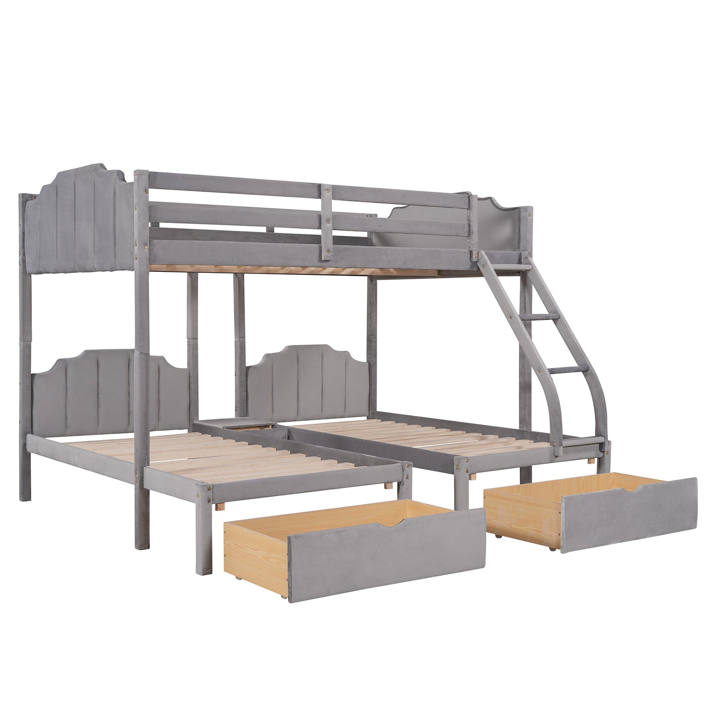 Full Over Twin & Twin Bunk Bed, Velvet Triple Bunk Bed with Drawers and Guardrails, Gray