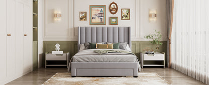 Queen Size Storage Bed Velvet Upholstered Platform Bed with a Big Drawer - Gray