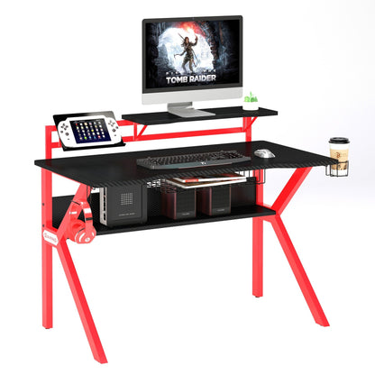 PVC Coated Ergonomic Metal Frame Gaming Desk, Black and Red