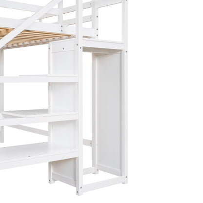 Full Size Loft Bed with Built-in Storage Wardrobe and Staircase,White