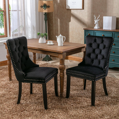 A&A Furniture,Nikki Collection Modern, High-end Tufted Solid Wood Contemporary Velvet Upholstered Dining Chair with Wood Legs Nailhead Trim  2-Pcs Set，Black，1901BK