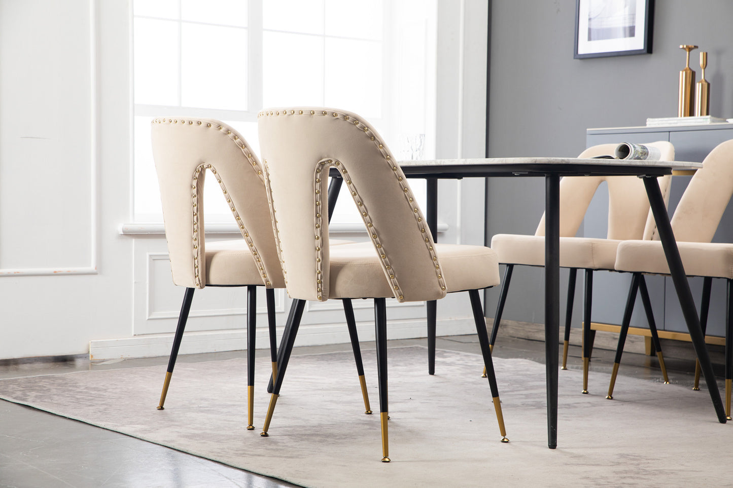 A&A Furniture,Akoya Collection Modern | Contemporary Velvet Upholstered Dining Chair with Nailheads and Gold Tipped Black Metal Legs, Beige, Set of 2