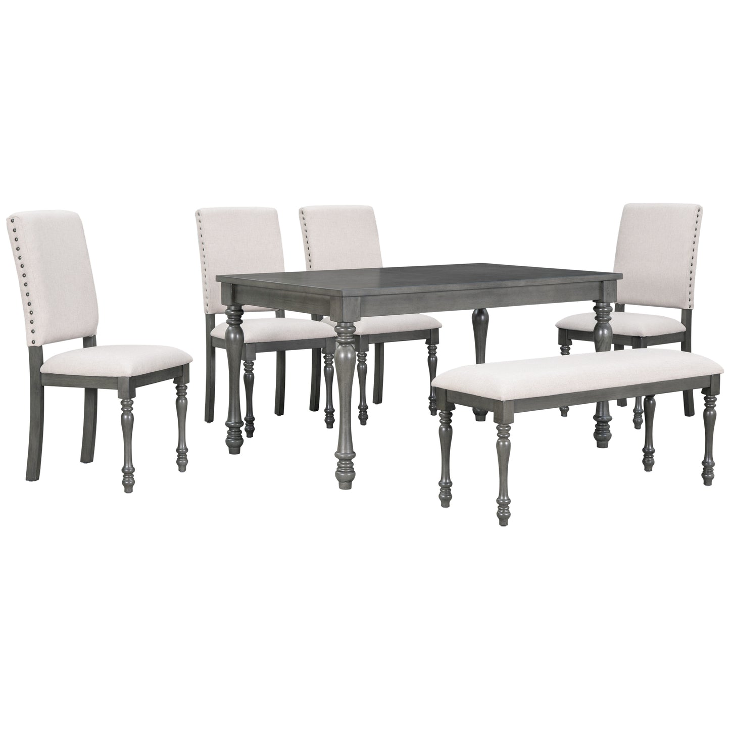 TREXM 6-Piece Wood Dining Table Set Rectangular Table with Turned Legs, 4 Upholstered Chairs and Bench for Dining Room (Gray)