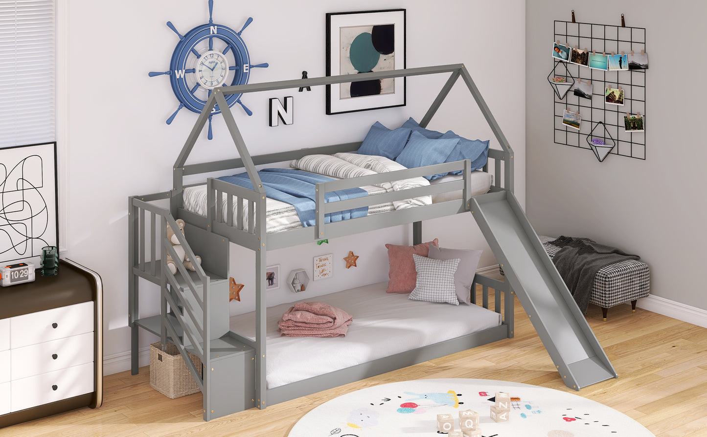 Twin over Twin House Bunk Bed with Slide and Storage Staircase,Grey