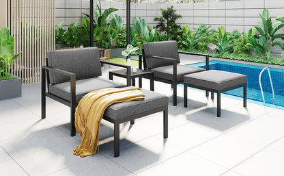 TOPMAX Outdoor Patio 5-piece Aluminum Alloy Conversation Set Sofa Set with Coffee Table and Stools for Poolside, Garden,Black Frame+Gray Cushion