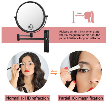 8-inch Wall Mounted Makeup Vanity Mirror, Height Adjustable, 1X / 10X Magnification Mirror, 360° Swivel with Extension Arm (Black)