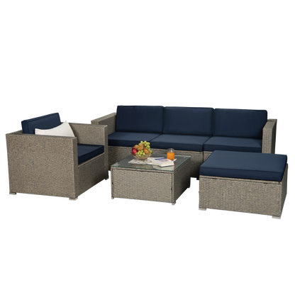 Outdoor Garden Patio Furniture 6-Piece Gray Mix Yellow PE Rattan Wicker Sectional Navy Cushioned Sofa Sets with 1 Beige Pillows