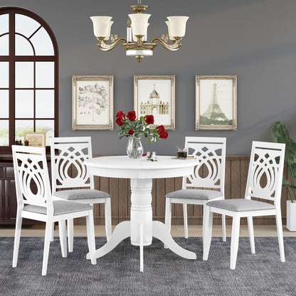 TOPMAX Mid-Century 5-Piece Extendable Round Dining Table Set with 4 Upholstered Dining Chairs for Small Places, White