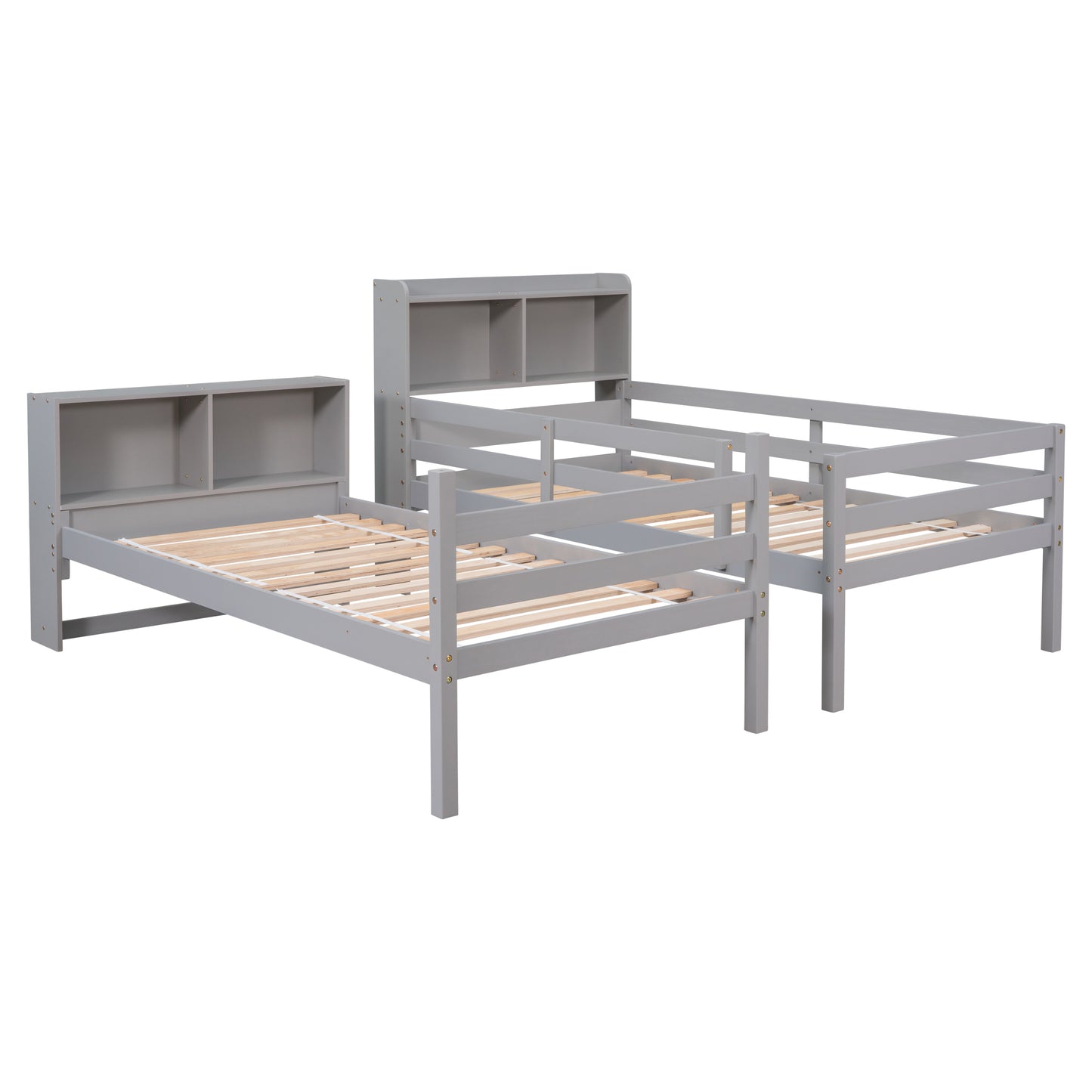 Twin Over Twin Bunk Beds with Bookcase Headboard, Solid Wood Bed Frame with Safety Rail and Ladder, Kids/Teens Bedroom, Guest Room Furniture, Can Be converted into 2 Beds, Grey