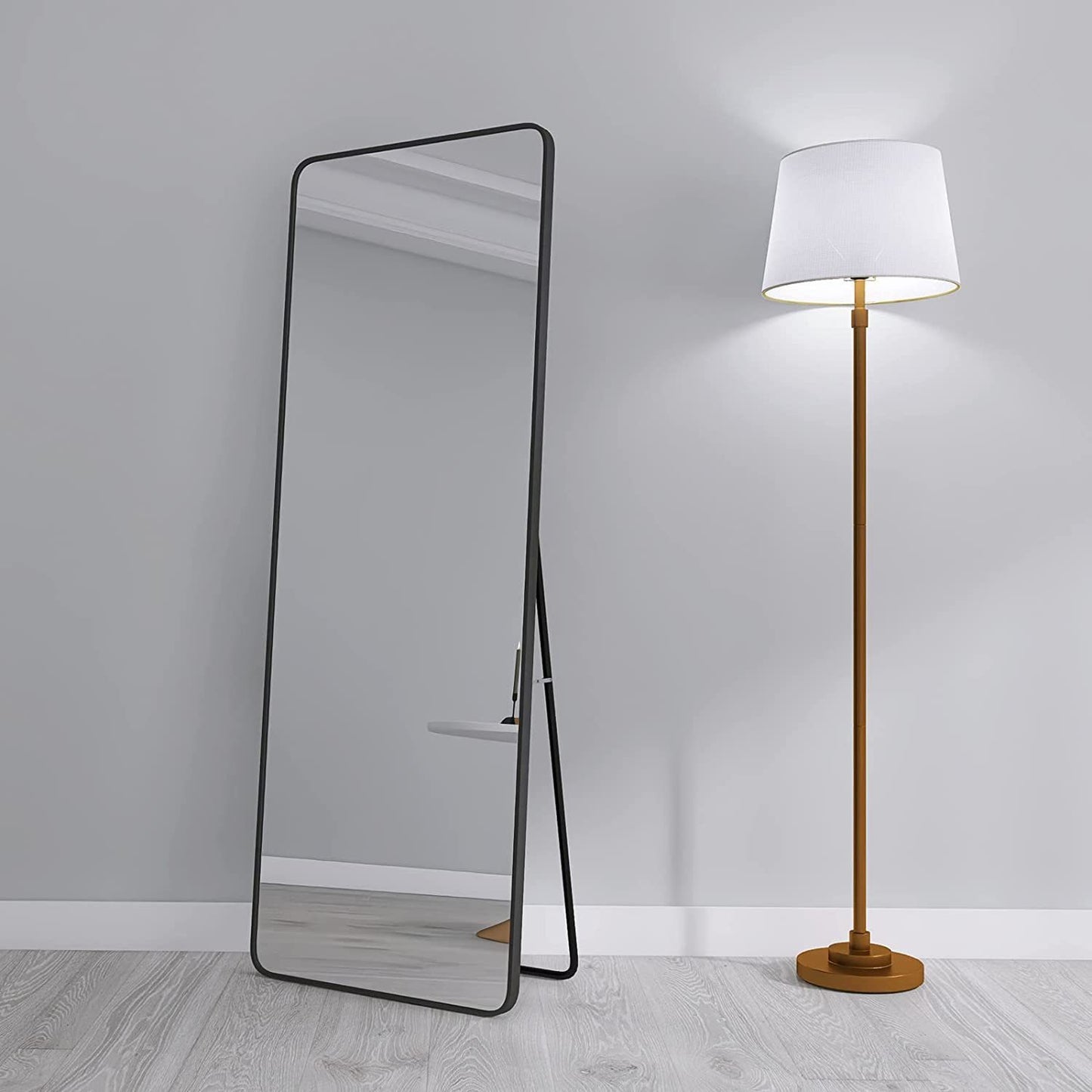 Full-Length Mirror 63"x20", Round Corner Aluminum Alloy Frame Floor Full Body Large Mirror, Stand or Leaning Against Wall for Living Room or Bedroom, Black