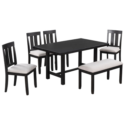 TREXM Rustic Farmhouse 6-Piece Wooden Rustic Style Dining Set, Including Table, 4 Chairs & Bench (Espresso)