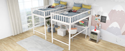 Twin & Twin Size Loft Bed with 2 Built-in Desks and Shelves, Storage Staircase, White