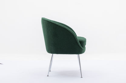 Soft Teddy Fabric Accent Armchair Dining Chair With Shining Electroplated Chrome Legs,Dark Green