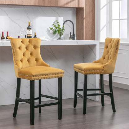 A&A Furniture,Contemporary Velvet Upholstered Barstools with Button Tufted Decoration and Wooden Legs, and Chrome Nailhead Trim, Leisure Style Bar Chairs,Bar stools, Set of 2 (Gold) 1902GL