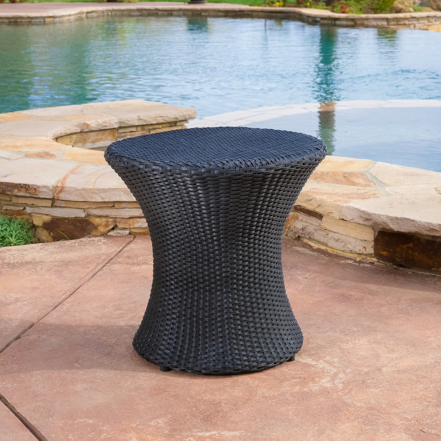 Townsgate Outdoor Brown Wicker Hourglass Side Table Black
