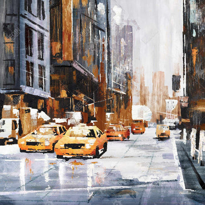 Big city street with yellow taxi - 12x12 Print on canvas