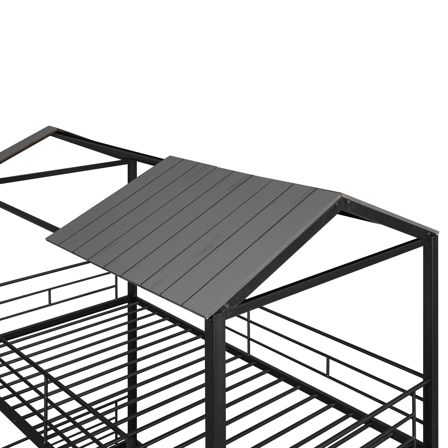 Twin Over Twin Bunk Bed Metal Bed with Half Roof, Guardrail and Ladder Black