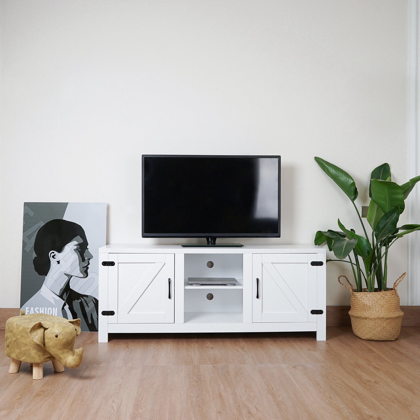 Modern Farmhouse Double Barn Door TV Stand for TVs up to 55 Inches, 58 Inch, White color