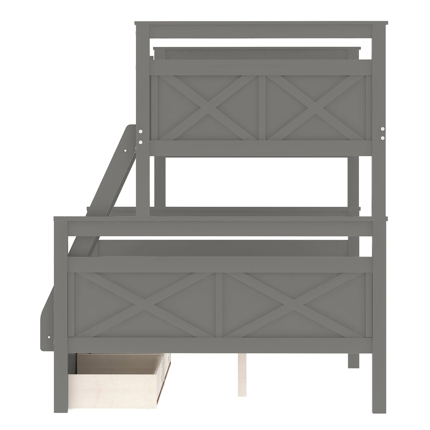 Twin over Full Bunk Bed with Ladder, Two Storage Drawers, Safety Guardrail, Gray