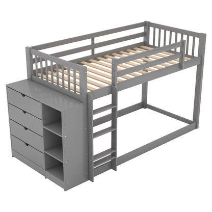 Twin over Twin Bunk Bed with Attached Cabinet and Shelves Storage ,Gray (OLD SKU:GX000513AAE)