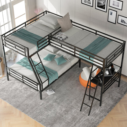 Twin over Full Bunk Bed with a Twin Size Loft Bed attached, with a Desk, Metal, Black