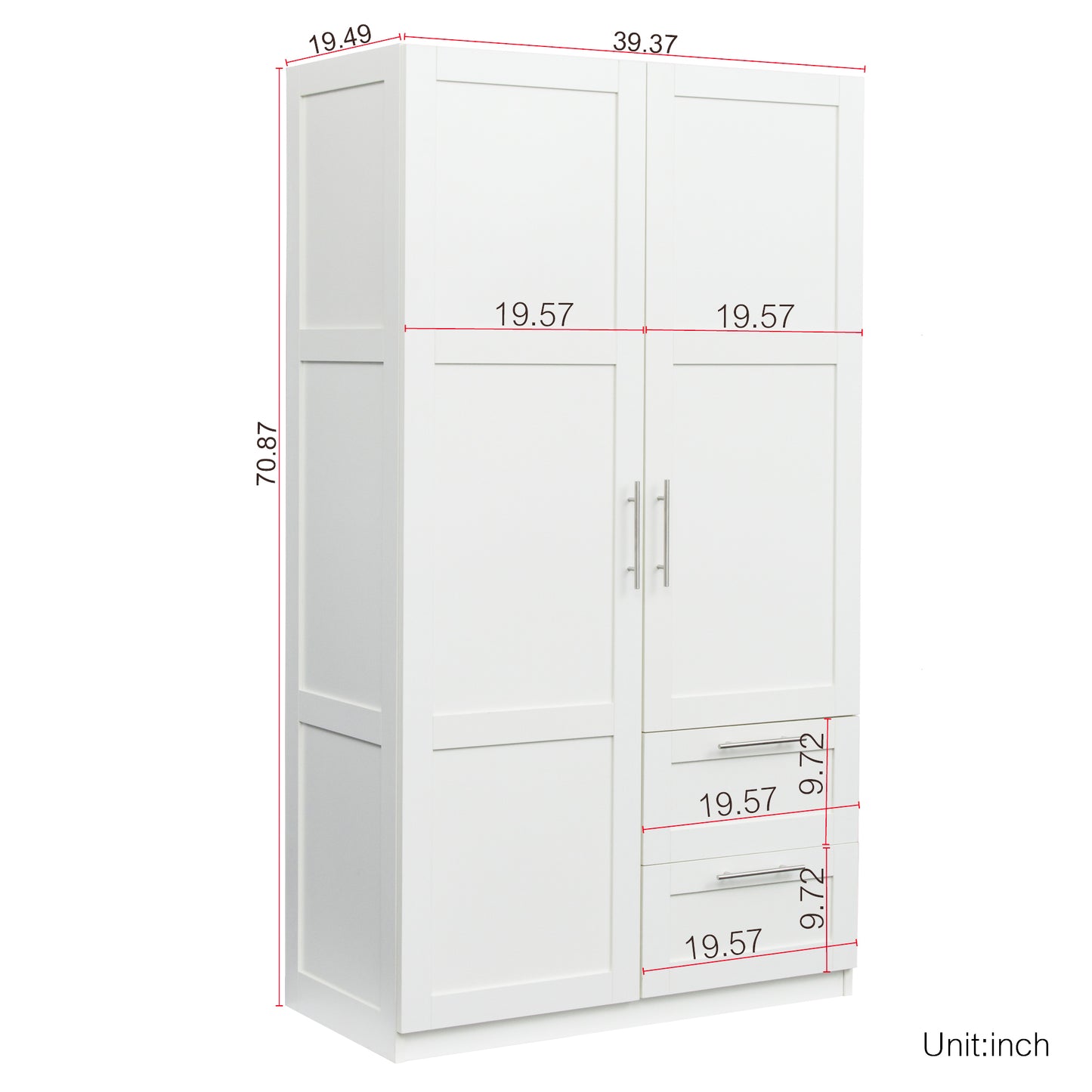 High wardrobe and kitchen cabinet with 2 doors, 2 drawers and 5 storage spaces,white