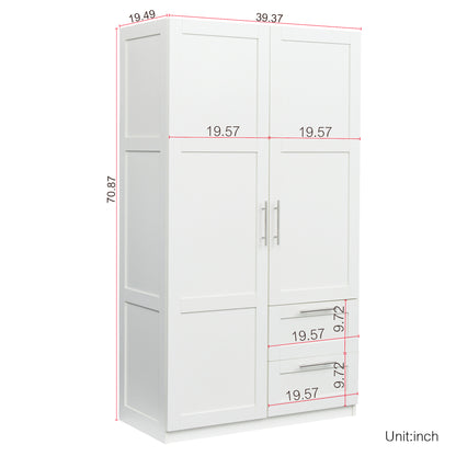 High wardrobe and kitchen cabinet with 2 doors, 2 drawers and 5 storage spaces,white