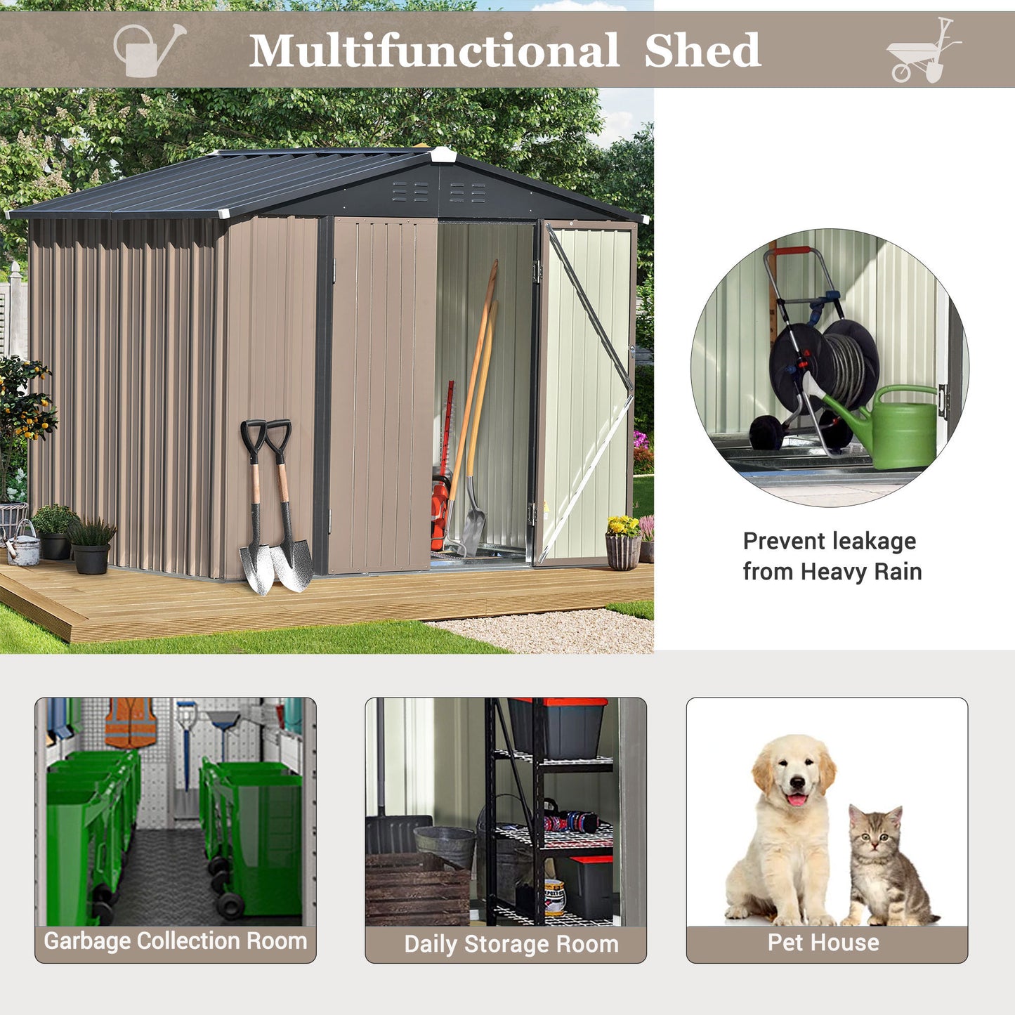 TOPMAX Patio 8ft x6ft Bike Shed Garden Shed, Metal Storage Shed with Lockable Doors, Tool Cabinet with Vents and Foundation Frame for Backyard, Lawn, Garden, Brown