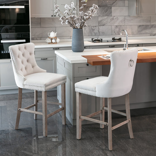 Contemporary Velvet Upholstered Barstools with Button Tufted Decoration and Wooden Legs, and Chrome Nailhead Trim, Leisure Style Bar Chairs,Bar stools, Set of 2 (Beige),SW1902BG