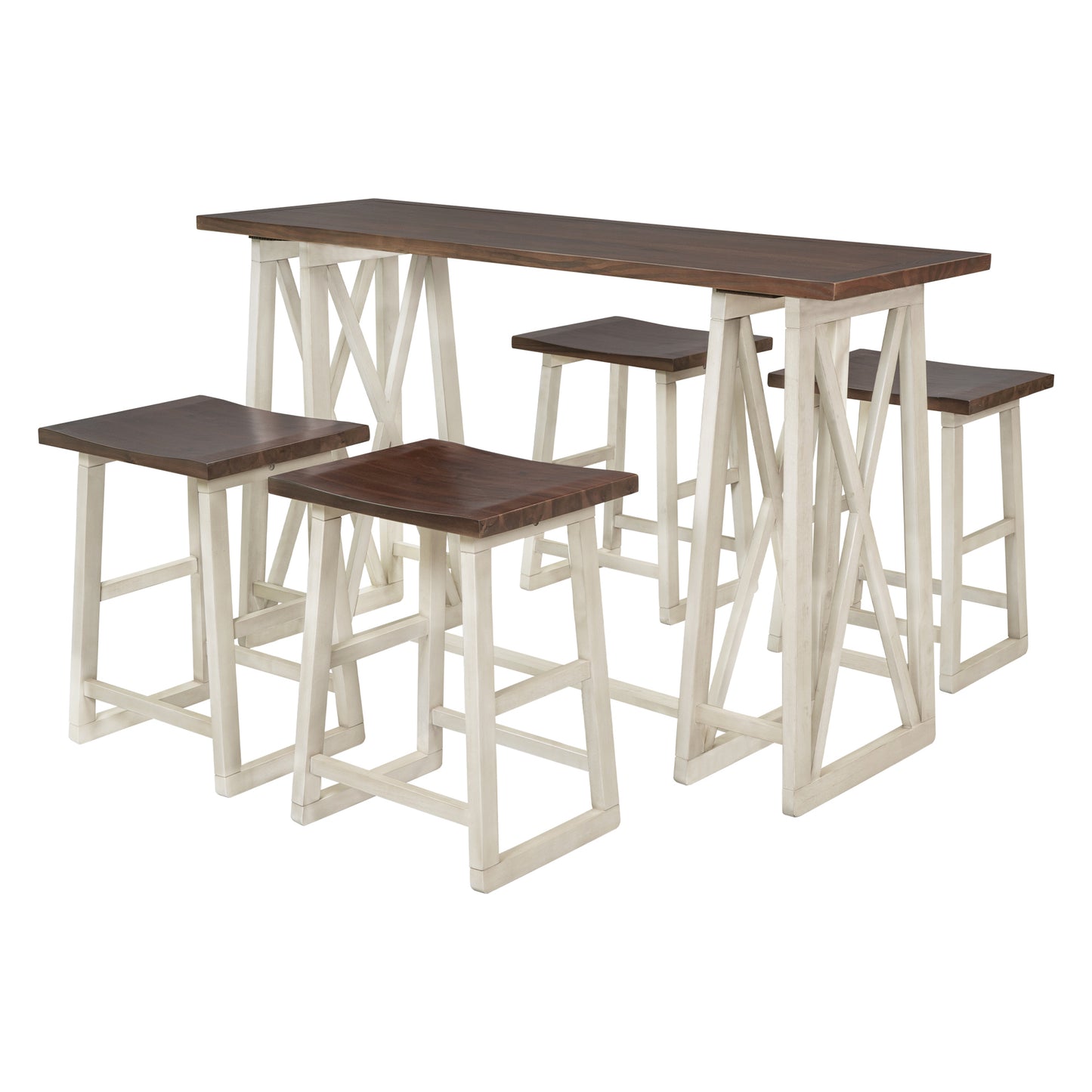 TOPMAX Rustic Counter Height 5-Piece Dining Set, Wood Console Table Set with 4 Stools for Small Places,Walnut+Cream