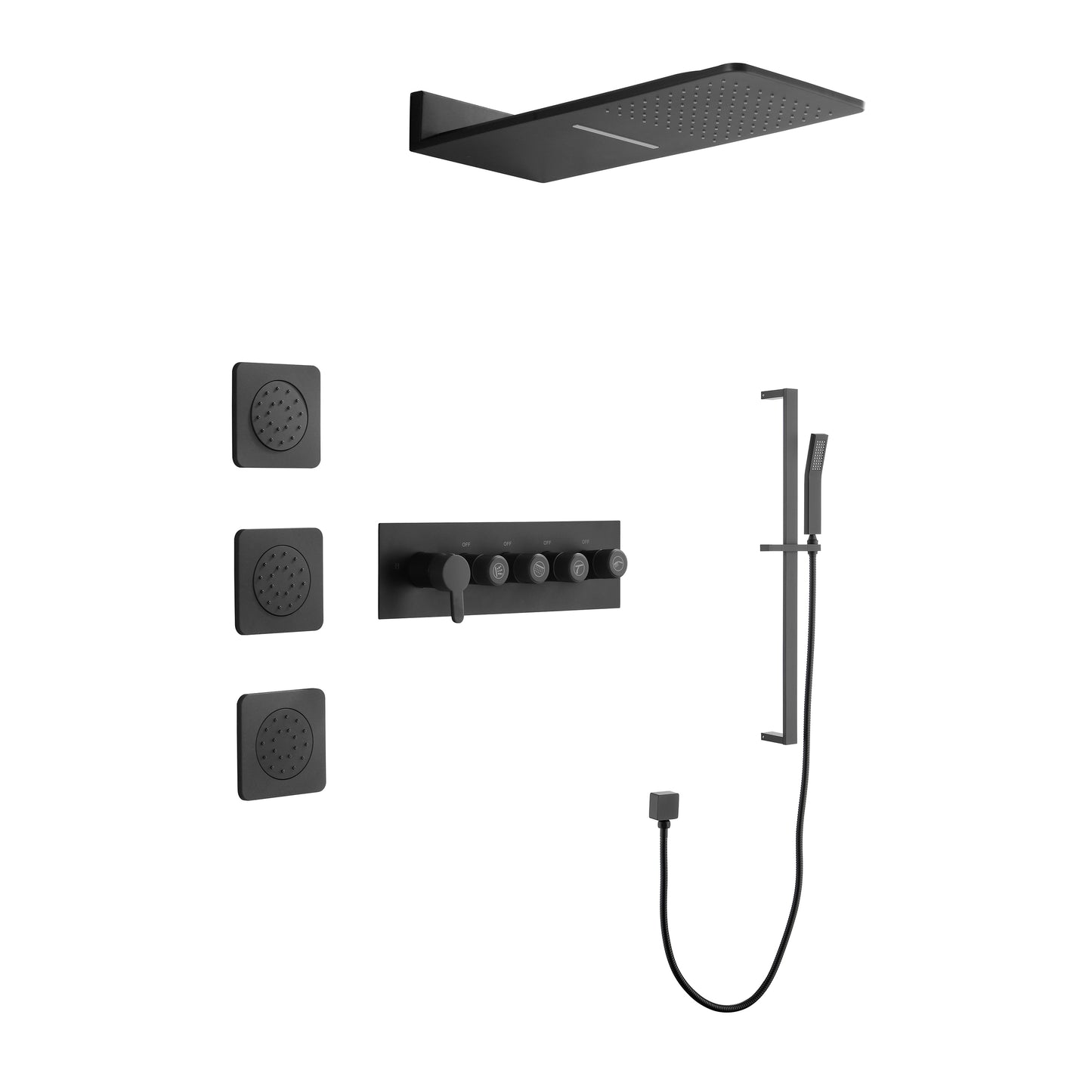 Wall Mounted Waterfall Rain Shower System With 3 Body Sprays & Handheld Shower   Series Dual Function Pressure Balanced Shower System with Integrated Volume Control, Shower Head, and Hand Shower