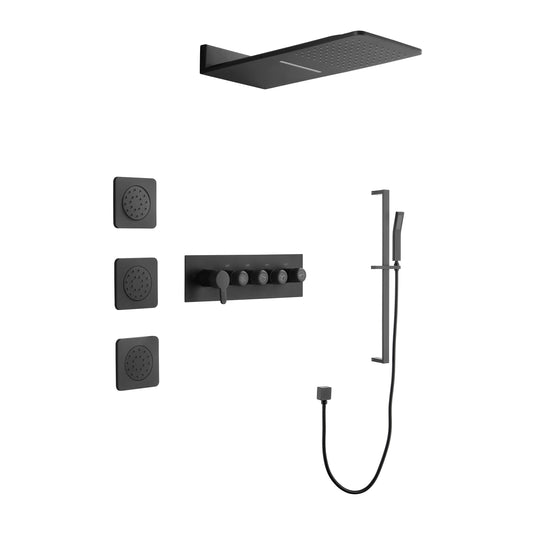 Wall Mounted Waterfall Rain Shower System With 3 Body Sprays & Handheld Shower   Series Dual Function Pressure Balanced Shower System with Integrated Volume Control, Shower Head, and Hand Shower