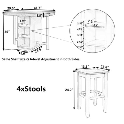 TOPMAX Farmhouse 5-pieces Counter Height Dining Sets, Square Wood Table with 3-Tier Adjustable Storage Shelves and Wine Racks for Small Spaces, Set of 4 Stools, Brown and Blue