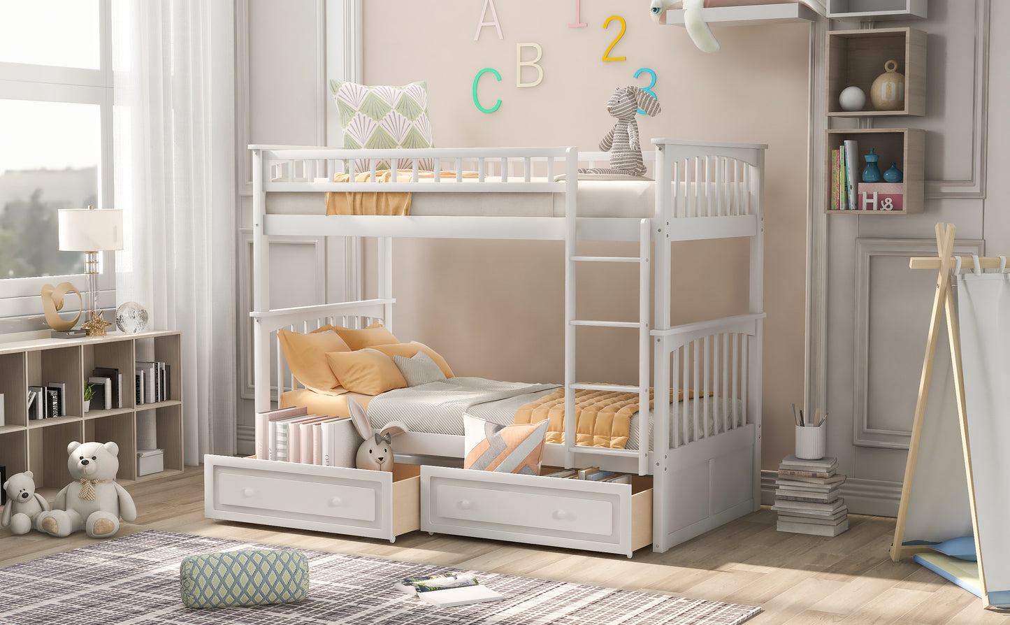 Twin over Twin Bunk Bed with Drawers, Convertible Beds, White