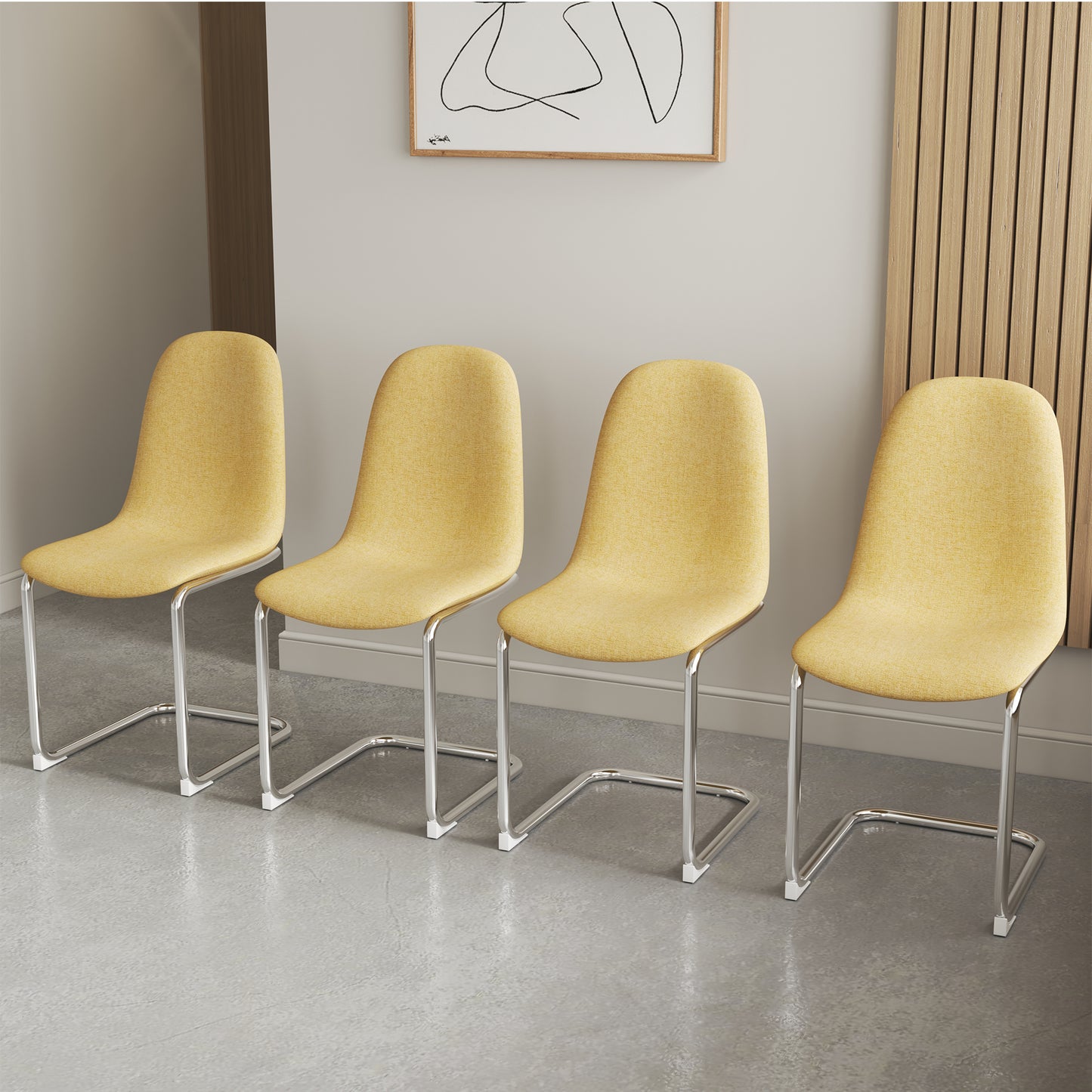 Dining Chairs Set of 4,Spoon shape Modern Style Dining Kitchen Room Upholstered Side Chairs， Accent Chairs with Soft Linen Fabric Cover Cushion Seat and plating Metal Legs Yellow office chair