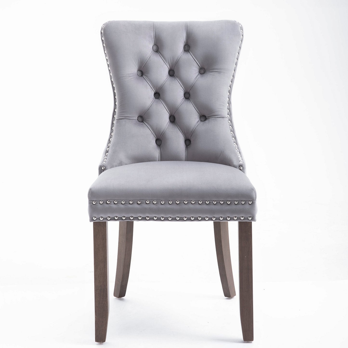 Upholstered Button Tufted Back Gray Velvet Dining Chair with Nailhead Trim and Solid Wood Legs 2 Sets