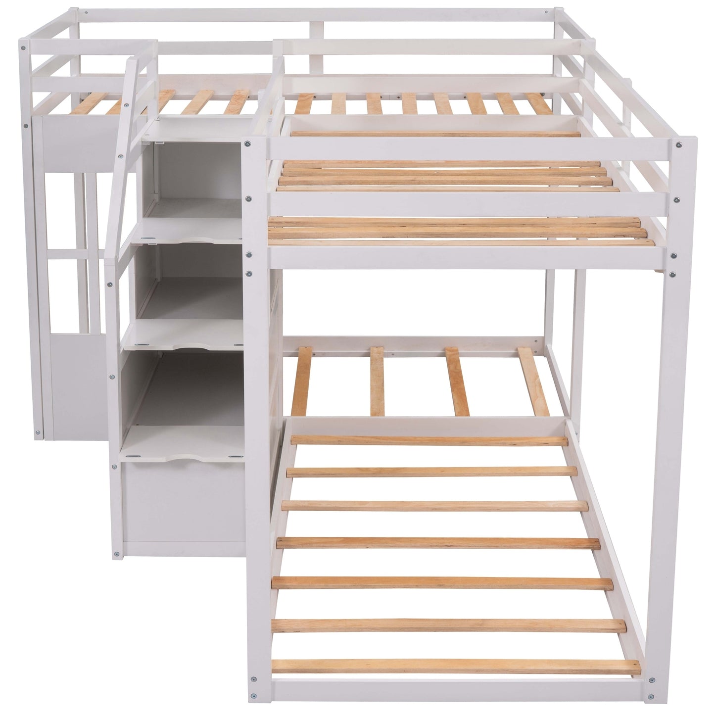 Twin over Twin L-Shaped Bunk Bed with Built-in Middle Staircase,White