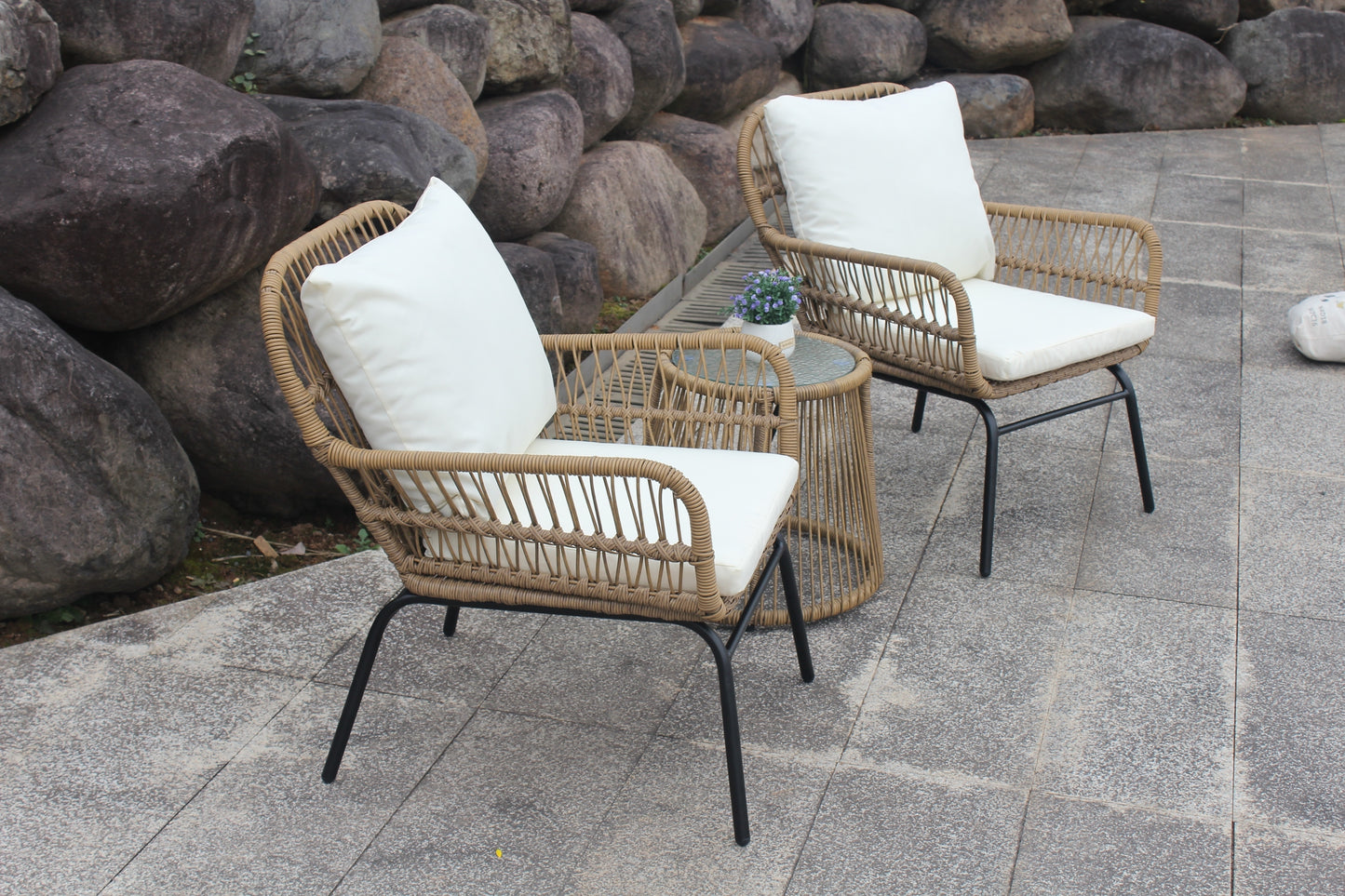 3PCS Outdoor Patio Balcony Natural Color Wicker Chair Set with Beige Cushion and Round Tempered Glass Table