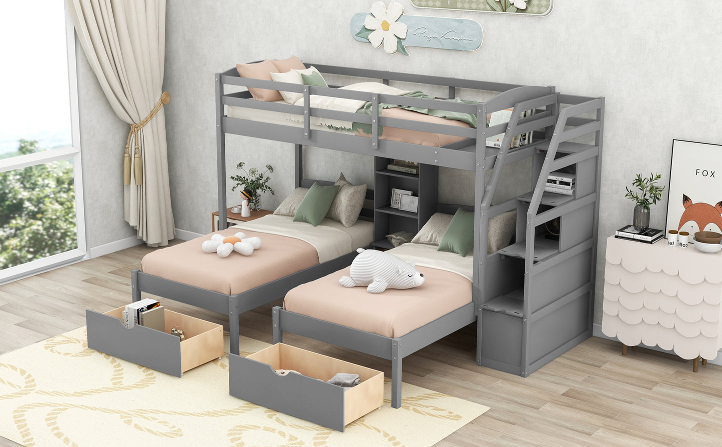 Twin over Twin&Twin Bunk Bed, Triple Bunk Bed with Drawers, Staircase with Storage, Built-in Shelves, Gray