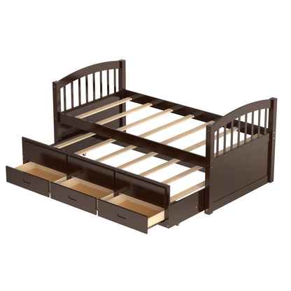 Twin over Twin Wood Bunk Bed with Trundle and Drawers, Espresso