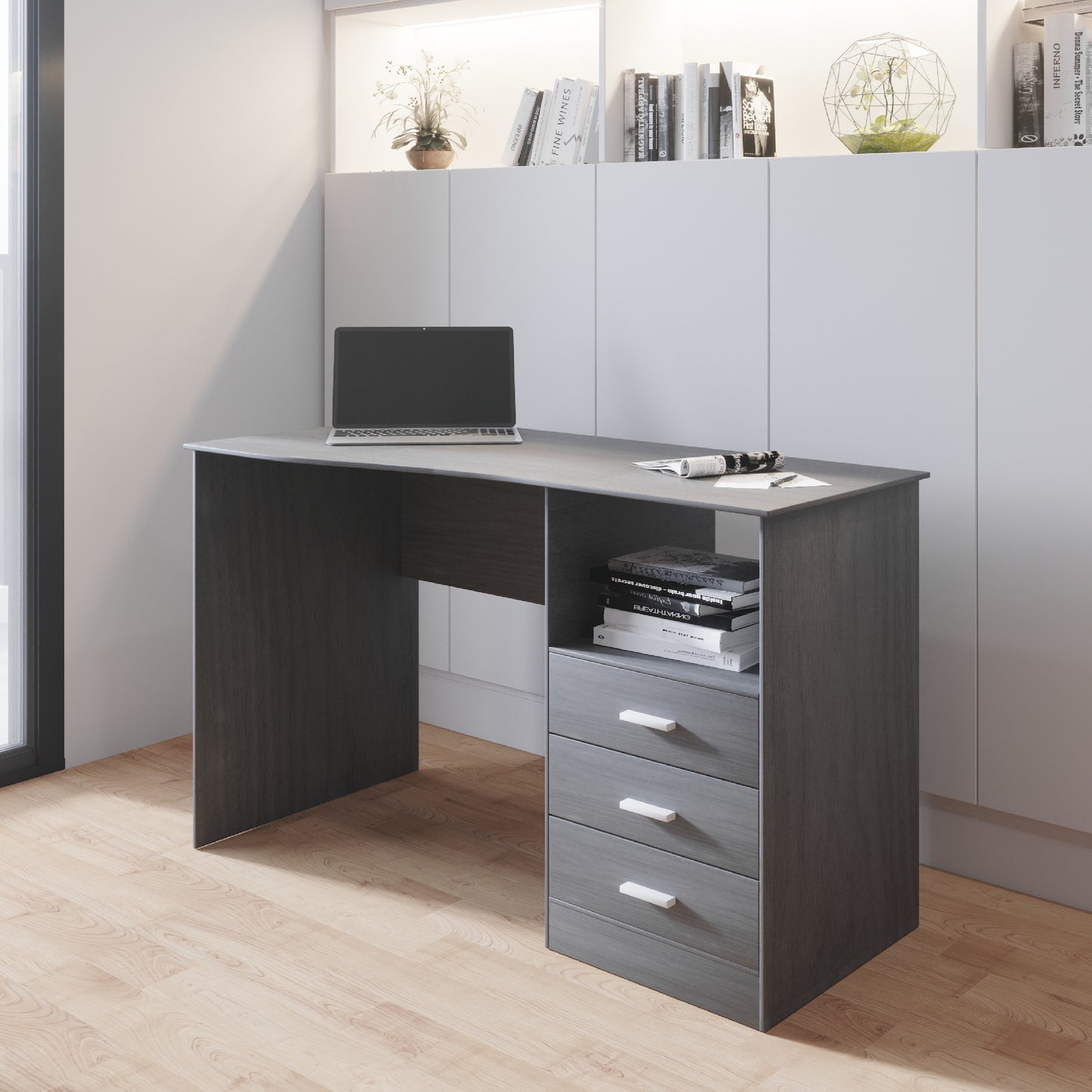 Techni Mobili Classic Computer Desk with Multiple Drawers, Grey