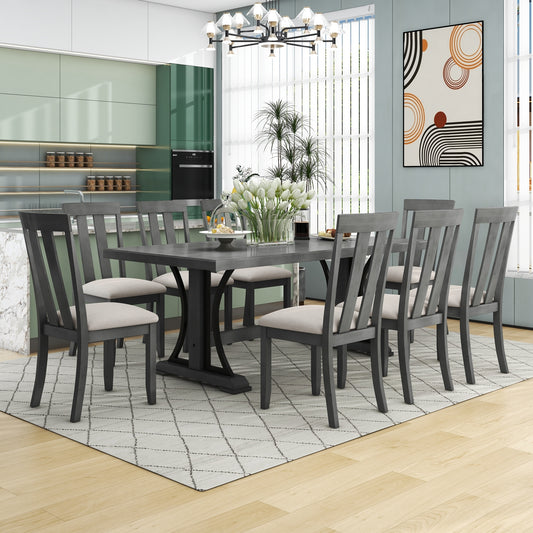 TREXM 9-Piece Retro Style Dining Table Set 78" Wood Rectangular Table and 8 Dining Chairs for Dining Room (Gray)