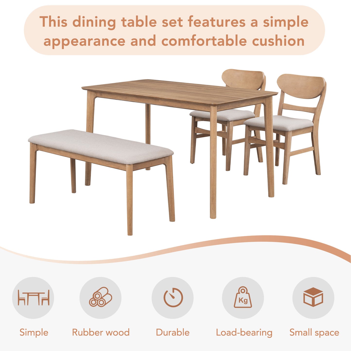 TREXM Dining Table Set for 4, Kitchen Table with 2 Chairs and 1 Bench, Solid Wood Frame and Soft Cushion for Small Space, Dining Room, Office (Natural Wood Wash)