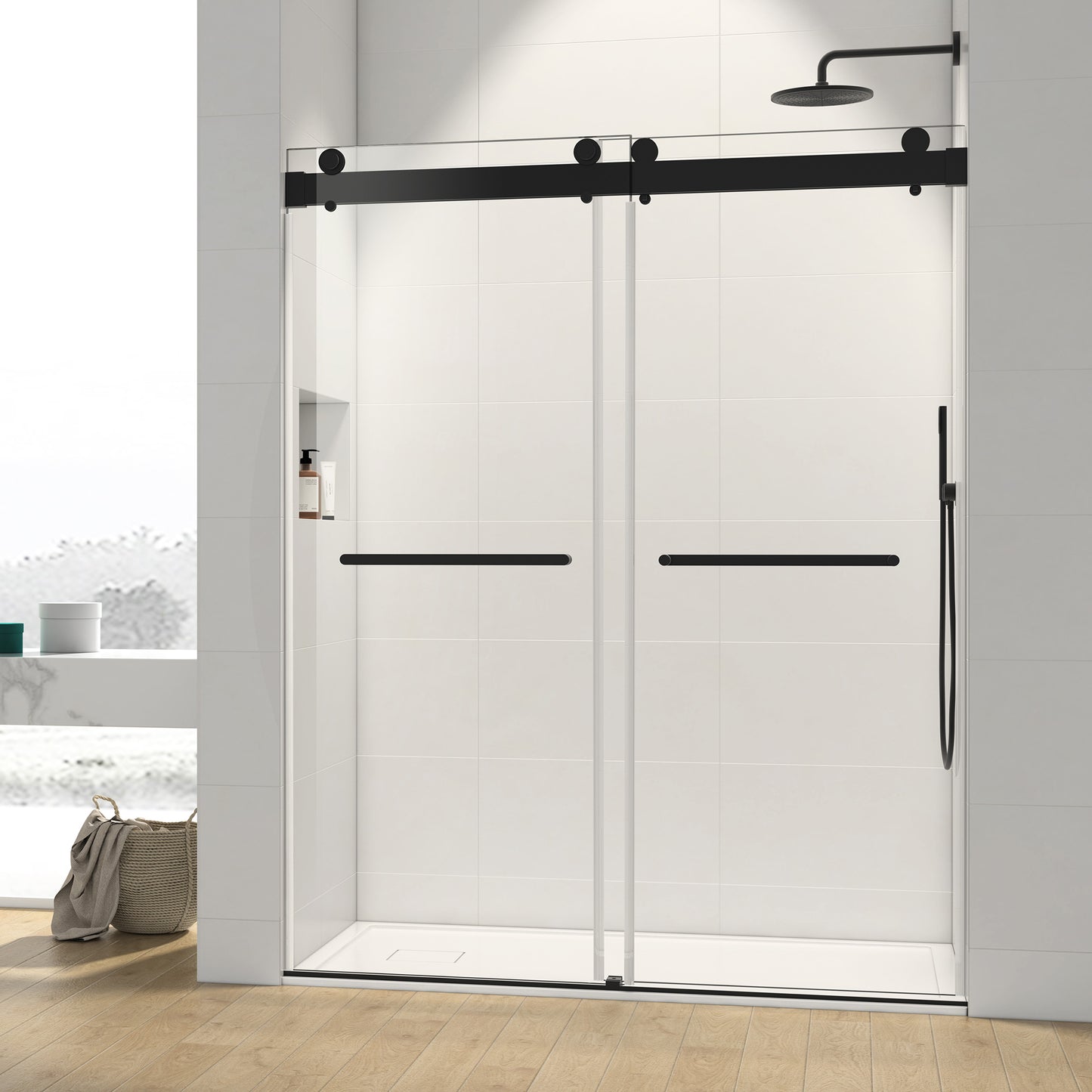 60 in. W x 76 in. HSliding Frameless Shower Door in Matte Black with Clear Glass