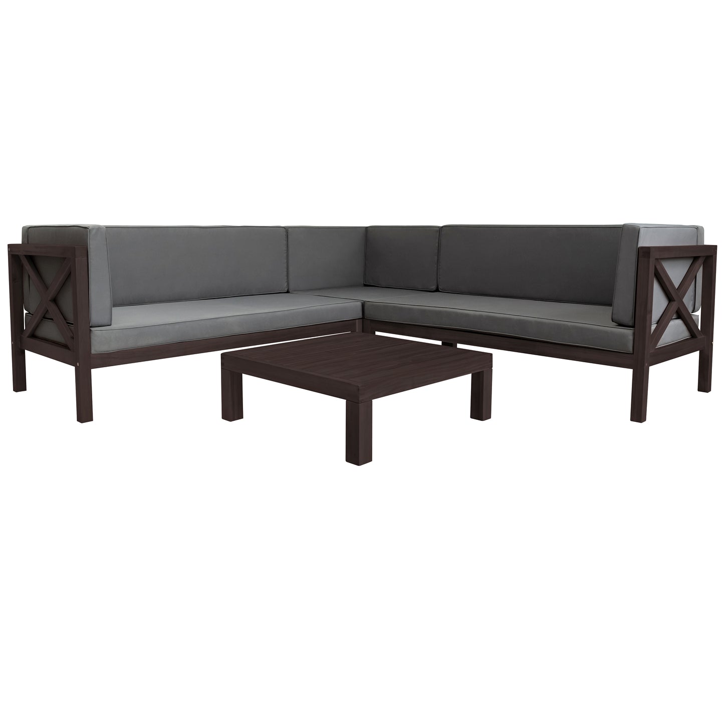 TOPMAX Outdoor Wood Patio Backyard 4-Piece Sectional Seating Group with Cushions and Table X-Back Sofa Set for Small Places, Brown Finish+Gray Cushions