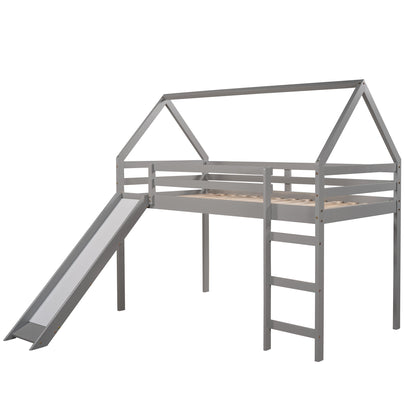 Twin Size Loft Bed with Slide, House Bed with Slide,Gray(OLD SKU :WF281158AAE)