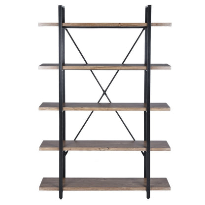 5-Tier Industrial Bookcase With Rustic Wood And Metal Frame, Large Open Bookshelf For Living Room