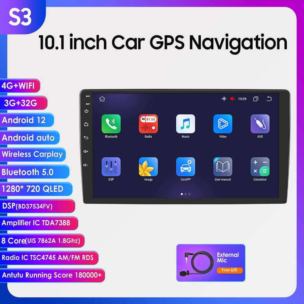 3S Series 10.1 inch Touchscreen Android 12 8Core QLED 1280*720 BT5.0 Car Gps Navigation Stereo Carplay Wifi 4G LTE DSP 3+32GB