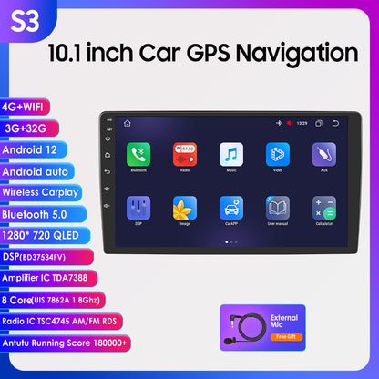 3S Series 10.1 inch Touchscreen Android 12 8Core QLED 1280*720 BT5.0 Car Gps Navigation Stereo Carplay Wifi 4G LTE DSP 3+32GB