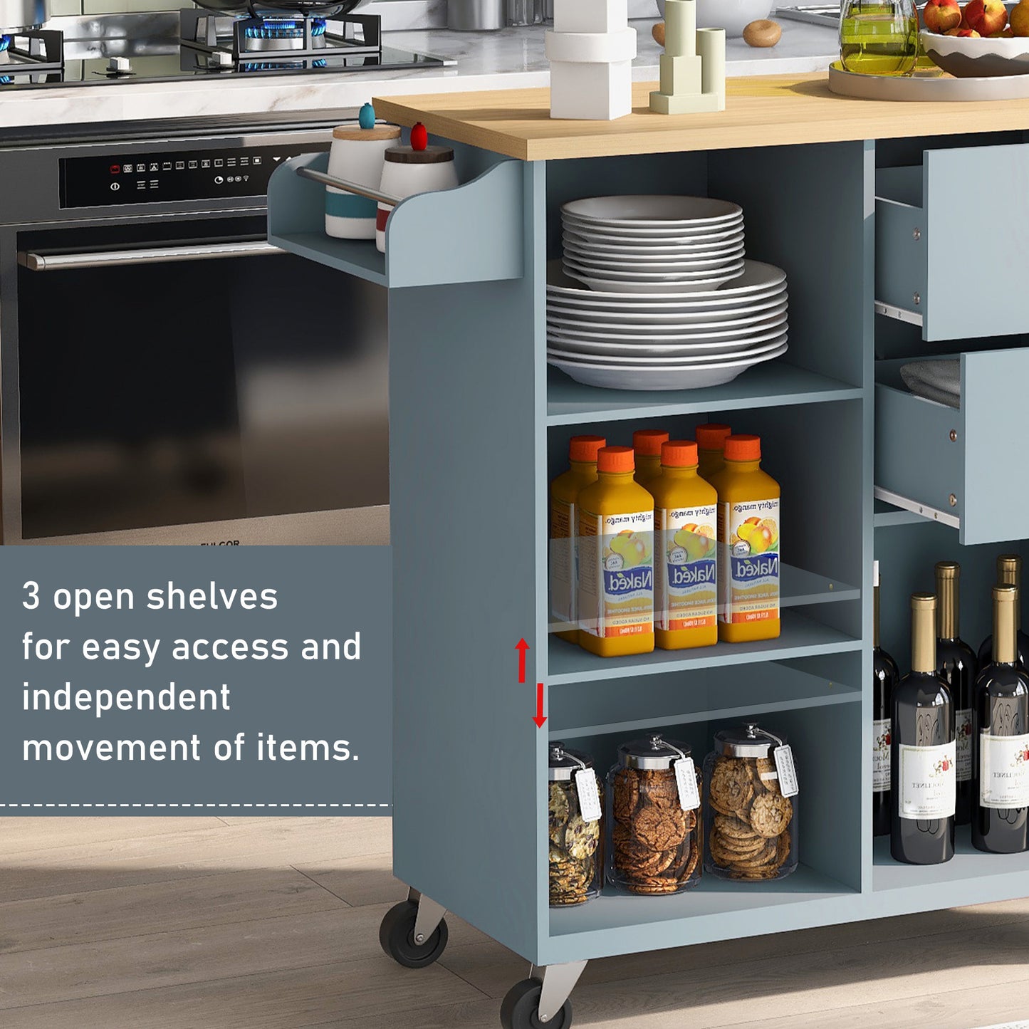 K&K Store Kitchen Cart on 4 Wheels with 2 Drawers and 3 Open Shelves, Kitchen Island with Rubber Wood top for Dinning Room, Grey Blue